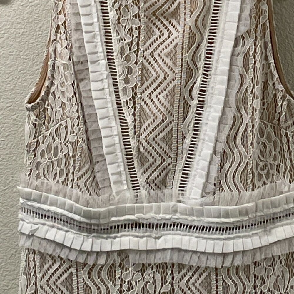 LULUS "Garden Soiree" Lace Overlay Sleeveless Tiered Midi Sheath, Ivory - M - Picture 5 of 9